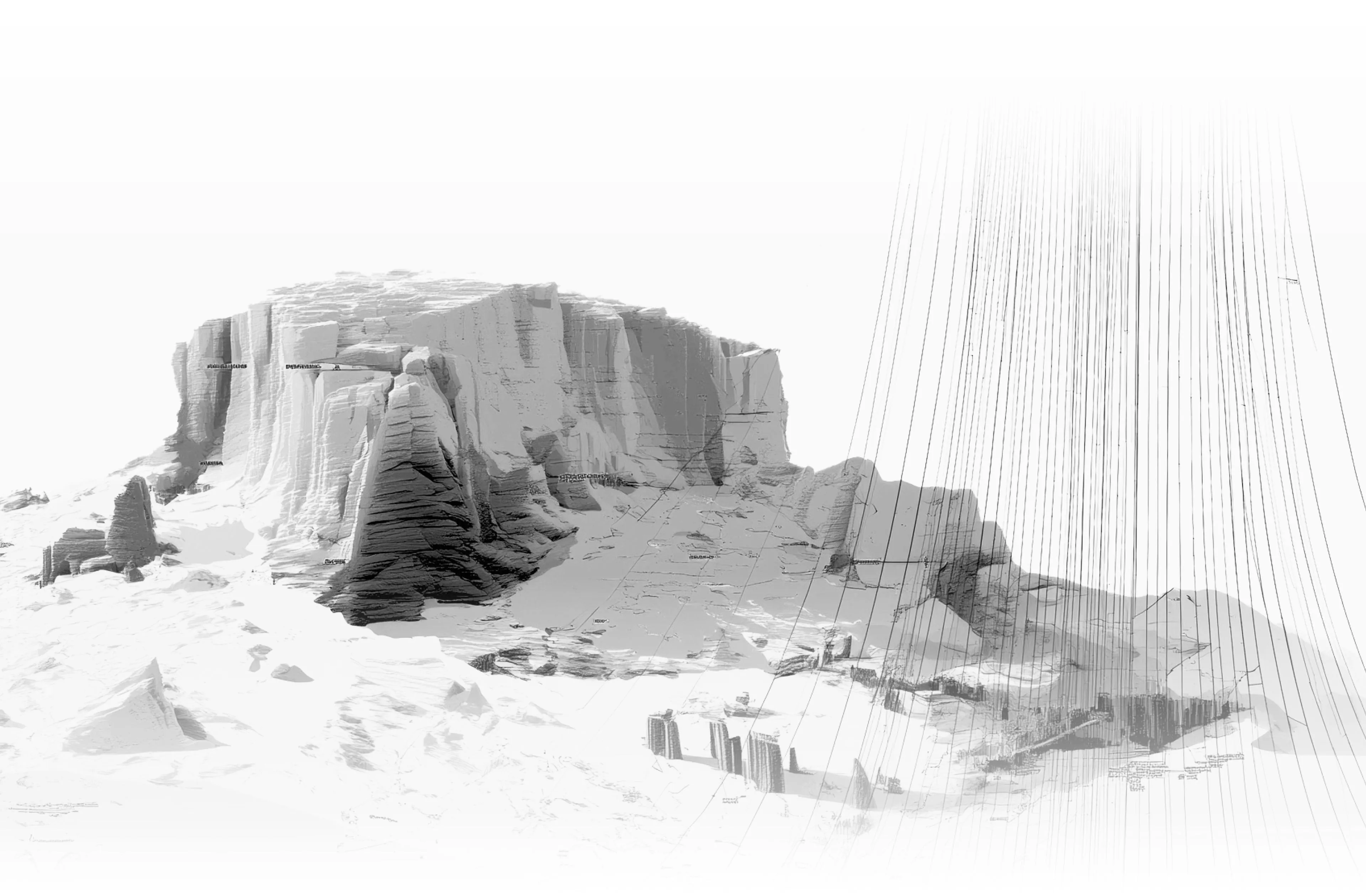 Basalt rock formation with fine fiber strands falling beside it