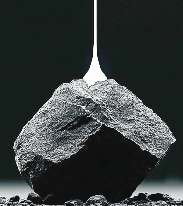 Basalt rock with a molten fiber strand drawn from above