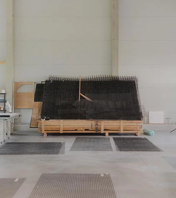 Basalt reinforcement grids stacked in the production hall